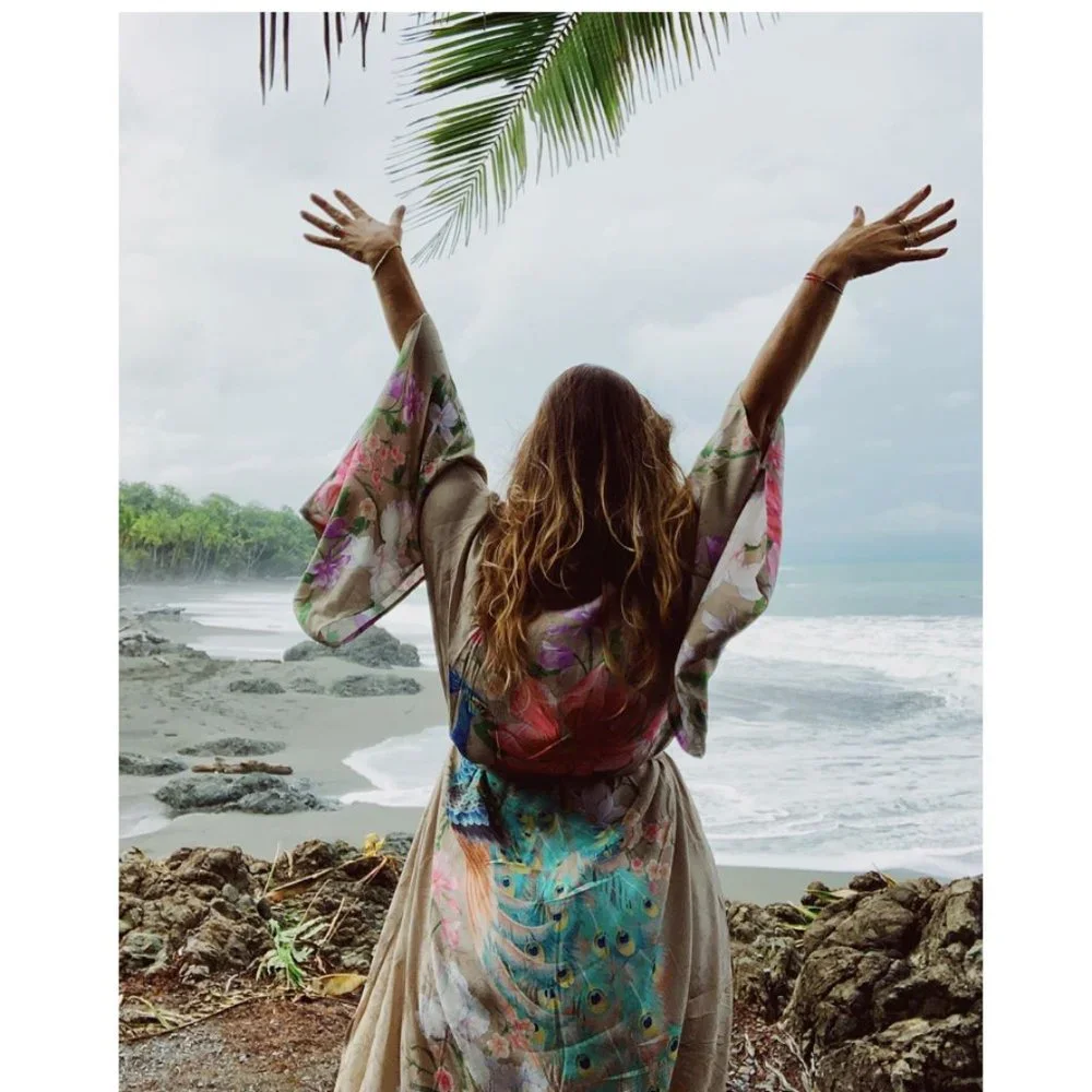 Boho Floral print Peacock Kimono Beach Cover up - Picture 5 of 9